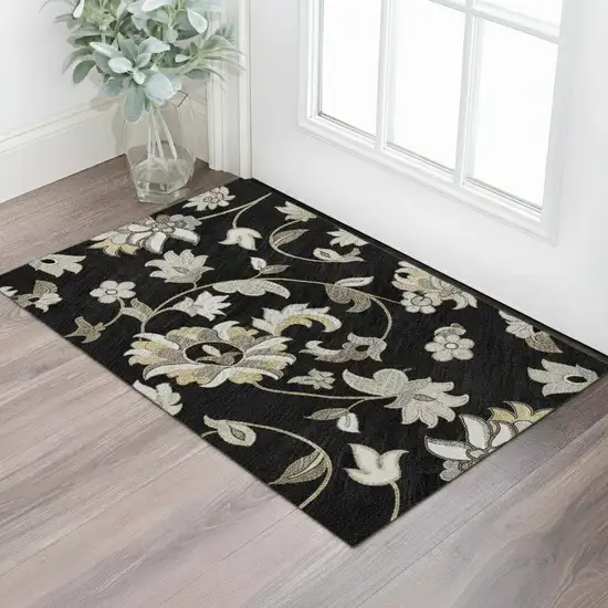 Black Ivory And Beige Floral Washable Area Rug With UV Protection Photo 2