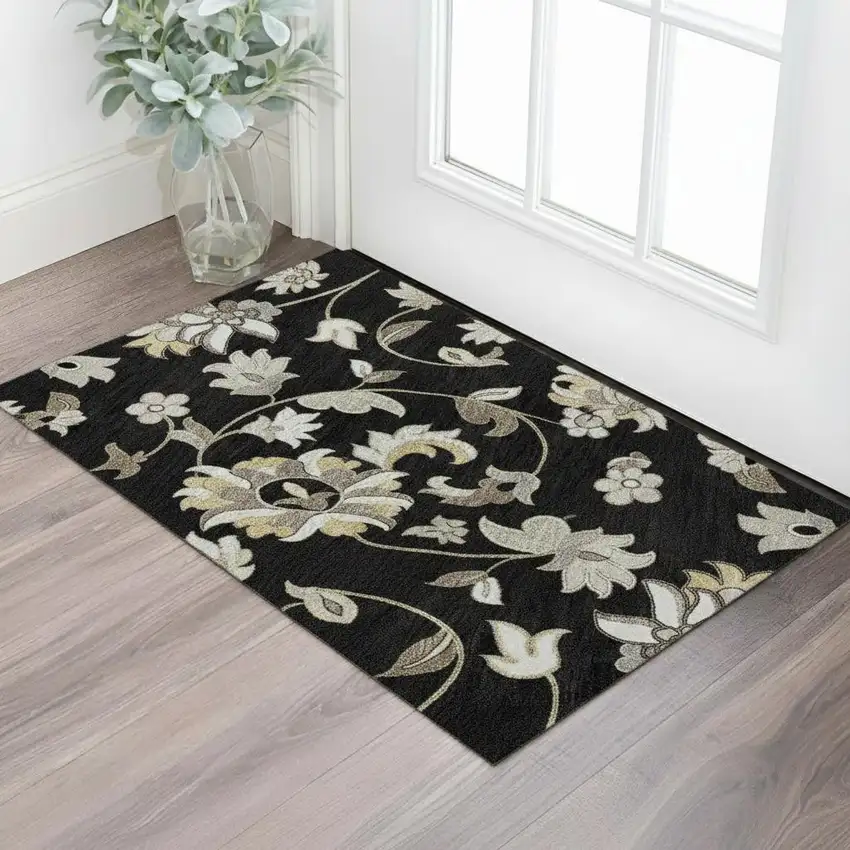 Black Ivory And Beige Floral Washable Area Rug With UV Protection Photo 2