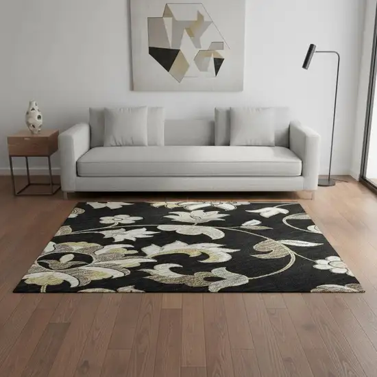 Black Ivory And Beige Floral Washable Area Rug With UV Protection Photo 2