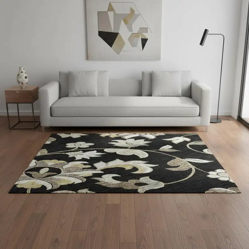 Black Ivory And Beige Floral Washable Area Rug With UV Protection Photo 2