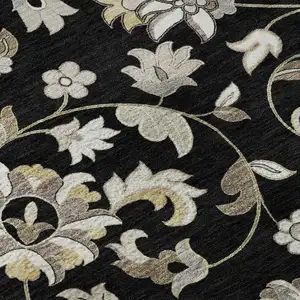 Photo of Black Ivory And Beige Floral Washable Area Rug With UV Protection