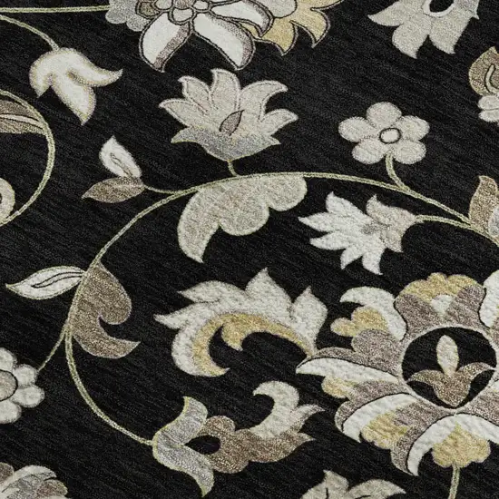 Black Ivory And Beige Floral Washable Area Rug With UV Protection Photo 3