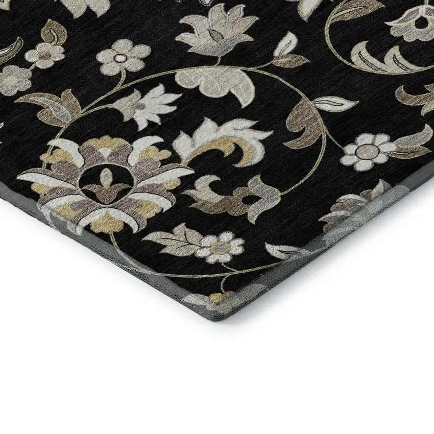 Black Ivory And Beige Floral Washable Area Rug With UV Protection Photo 8