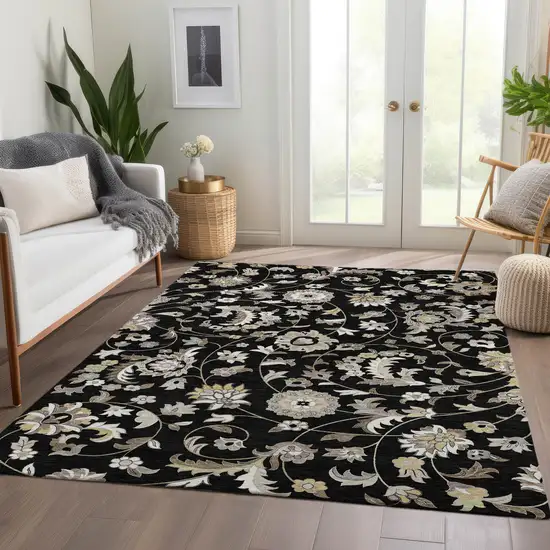 Black Ivory And Beige Floral Washable Area Rug With UV Protection Photo 5
