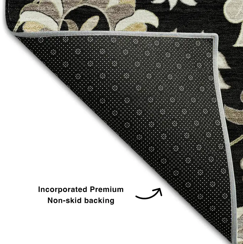 Black Ivory And Beige Floral Washable Area Rug With UV Protection Photo 7