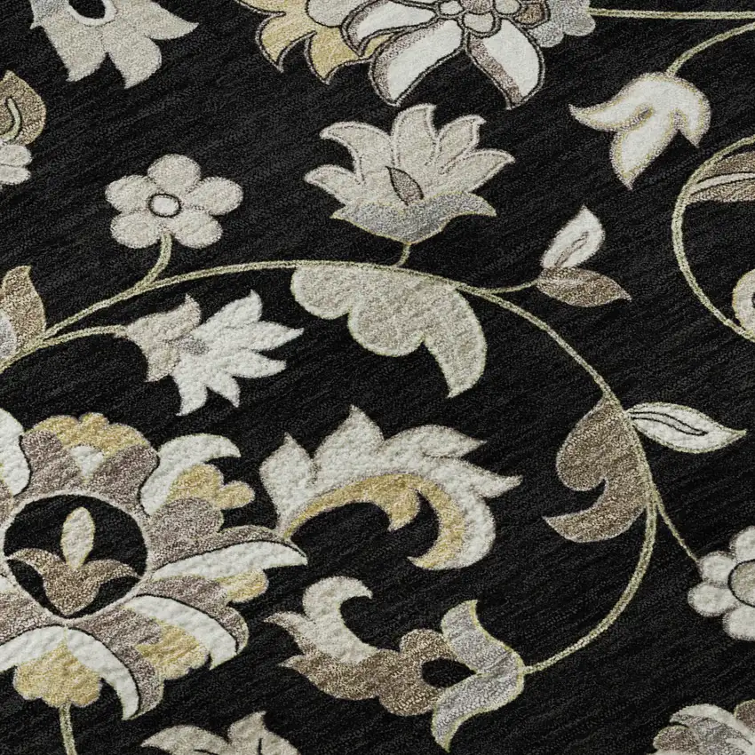 Black Ivory And Beige Floral Washable Area Rug With UV Protection Photo 1
