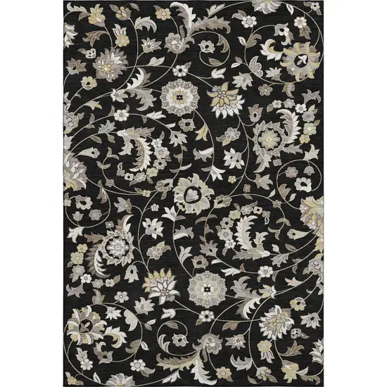 Black Ivory And Beige Floral Washable Area Rug With UV Protection Photo 6