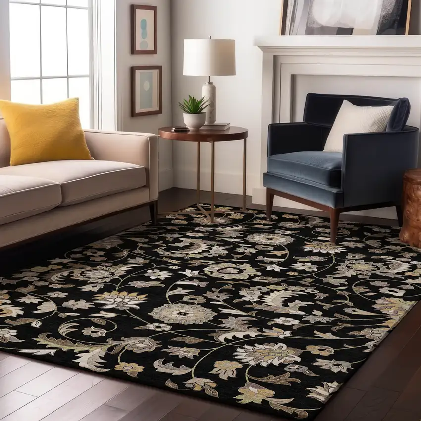 Black Ivory And Beige Floral Washable Area Rug With UV Protection Photo 4