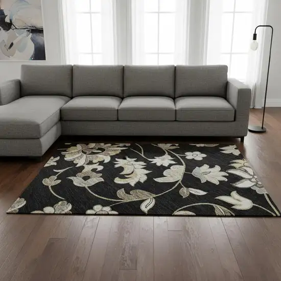 Black Ivory And Beige Floral Washable Area Rug With UV Protection Photo 2