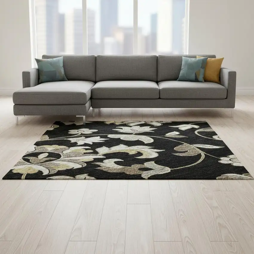 Black Ivory And Beige Floral Washable Area Rug With UV Protection Photo 2