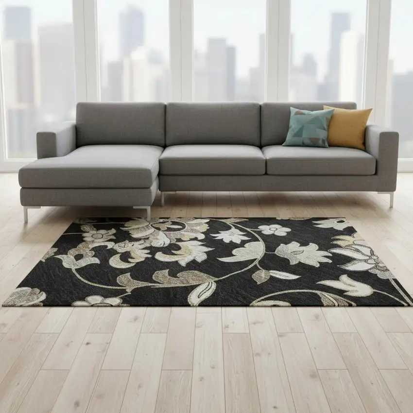 Black Ivory And Beige Floral Washable Area Rug With UV Protection Photo 2