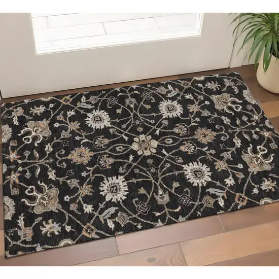 Black Ivory And Beige Floral Washable Area Rug With UV Protection Photo 1