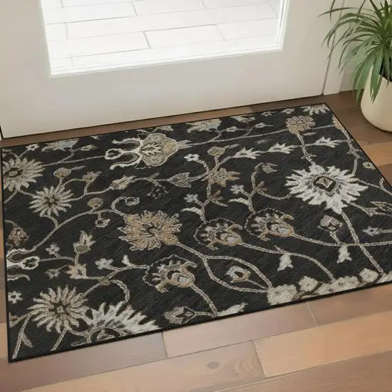 Black Ivory And Beige Floral Washable Area Rug With UV Protection Photo 2