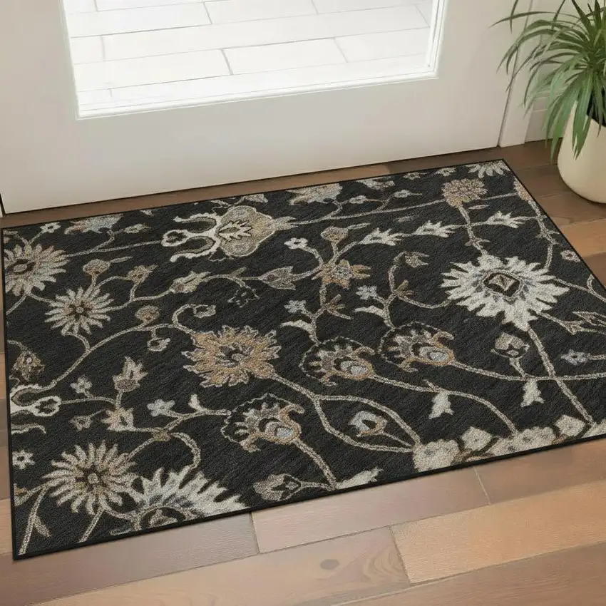 Black Ivory And Beige Floral Washable Area Rug With UV Protection Photo 2