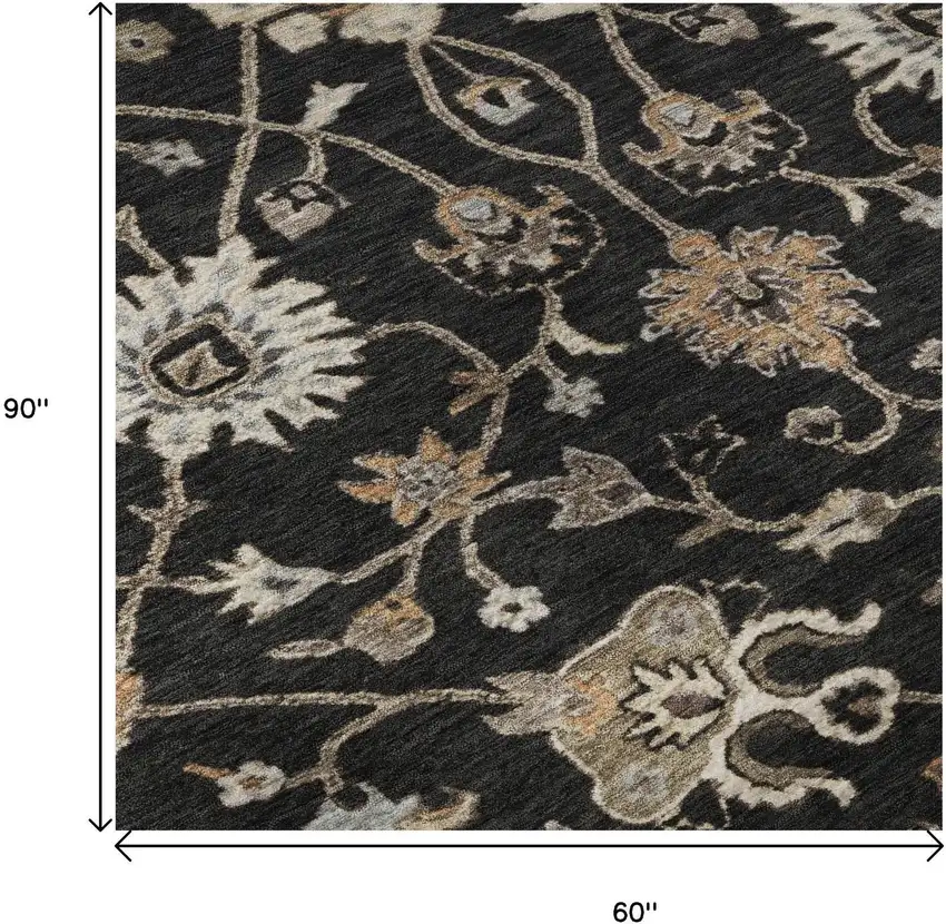 Black Ivory And Beige Floral Washable Area Rug With UV Protection Photo 5