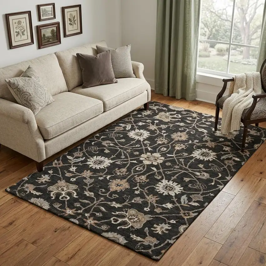 Black Ivory And Beige Floral Washable Area Rug With UV Protection Photo 1