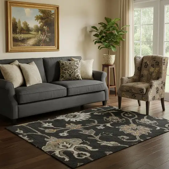 Black Ivory And Beige Floral Washable Area Rug With UV Protection Photo 2