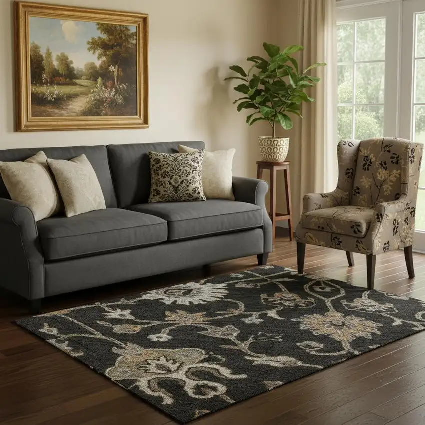 Black Ivory And Beige Floral Washable Area Rug With UV Protection Photo 2