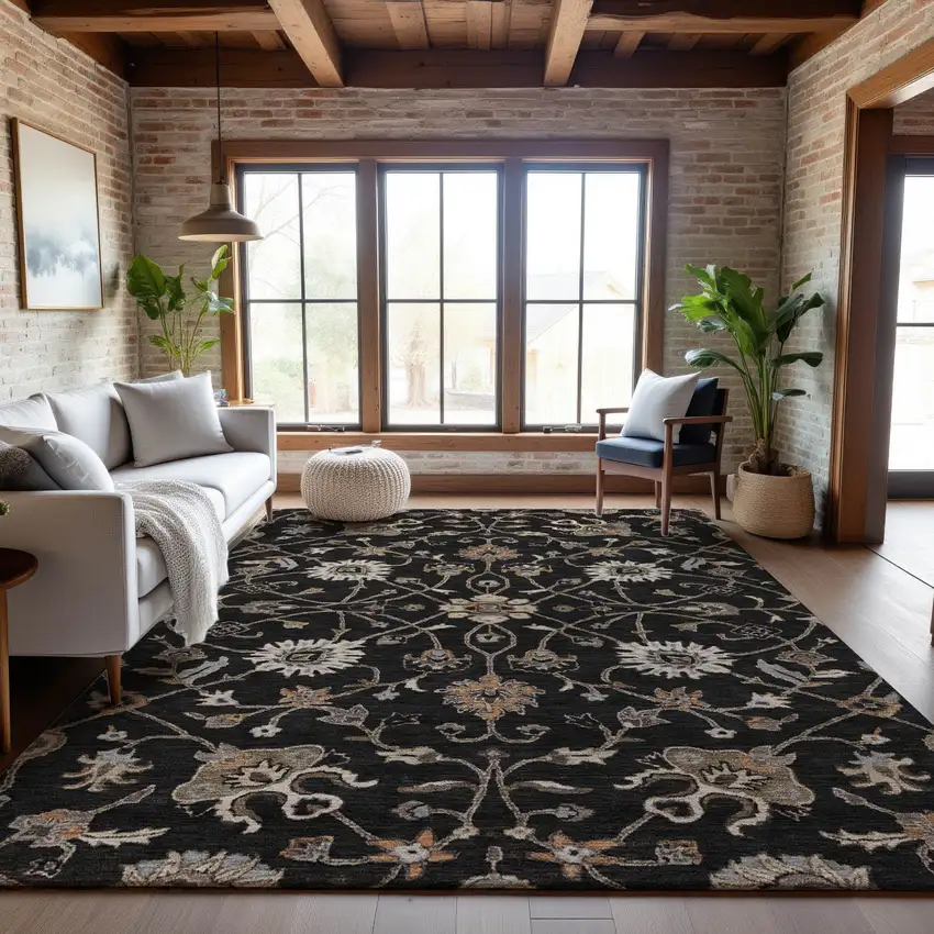 Black Ivory And Beige Floral Washable Area Rug With UV Protection Photo 4