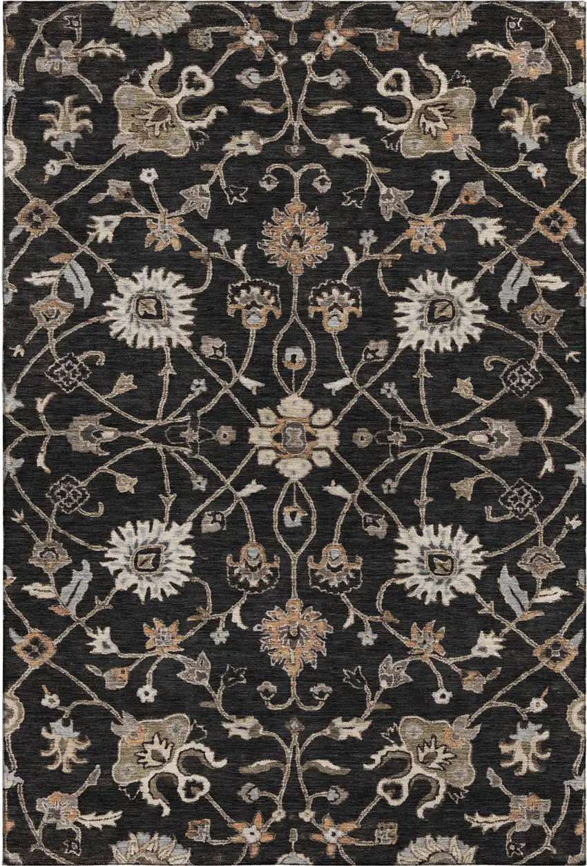 Black Ivory And Beige Floral Washable Area Rug With UV Protection Photo 6