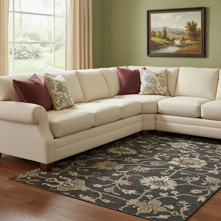 Black Ivory And Beige Floral Washable Area Rug With UV Protection Photo 2