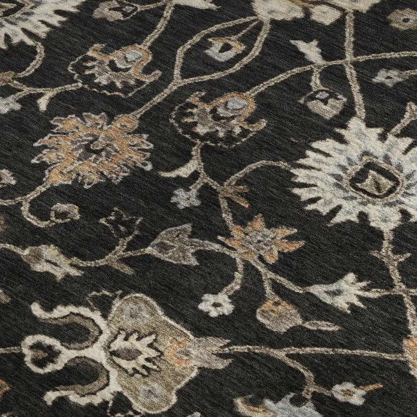 Black Ivory And Beige Floral Washable Area Rug With UV Protection Photo 2