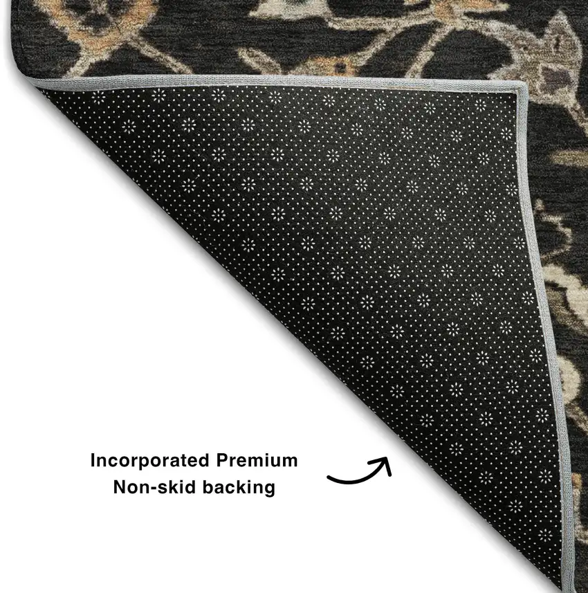 Black Ivory And Beige Floral Washable Area Rug With UV Protection Photo 6