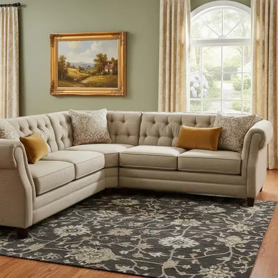 Black Ivory And Beige Floral Washable Area Rug With UV Protection Photo 2