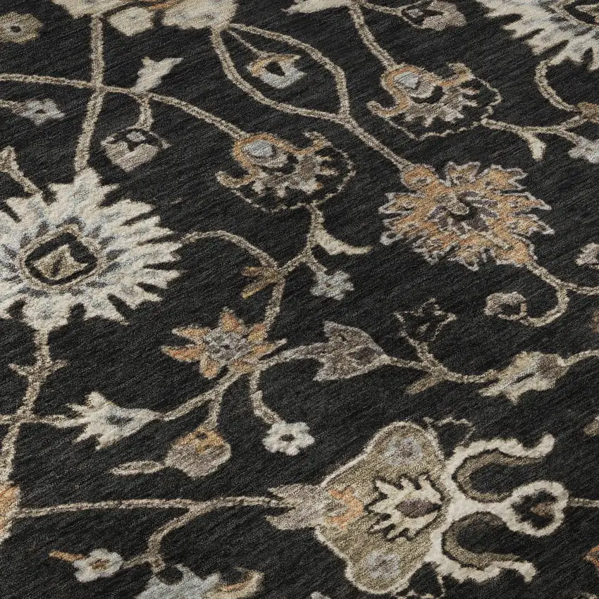 Black Ivory And Beige Floral Washable Area Rug With UV Protection Photo 1