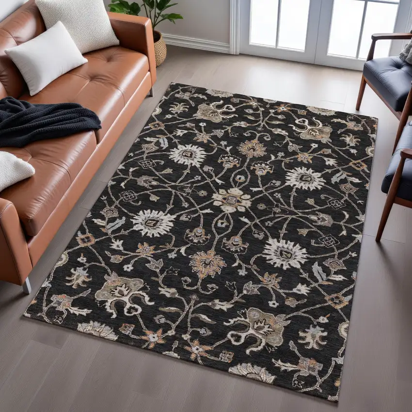Black Ivory And Beige Floral Washable Area Rug With UV Protection Photo 4
