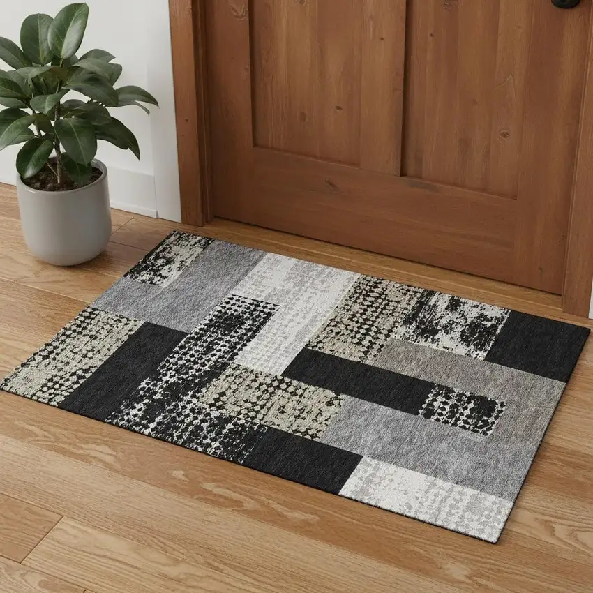 Black Ivory And Beige Geometric Washable Area Rug With UV Protection Photo 2