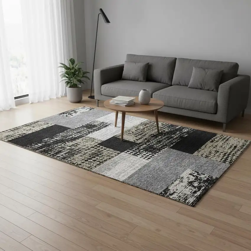 Black Ivory And Beige Geometric Washable Area Rug With UV Protection Photo 2