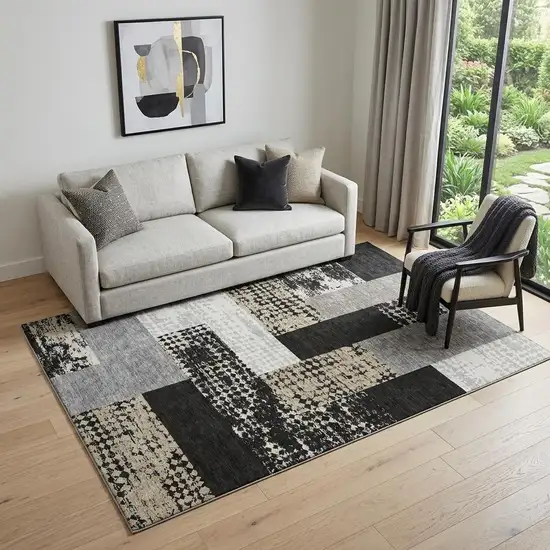 Black Ivory And Beige Geometric Washable Area Rug With UV Protection Photo 1