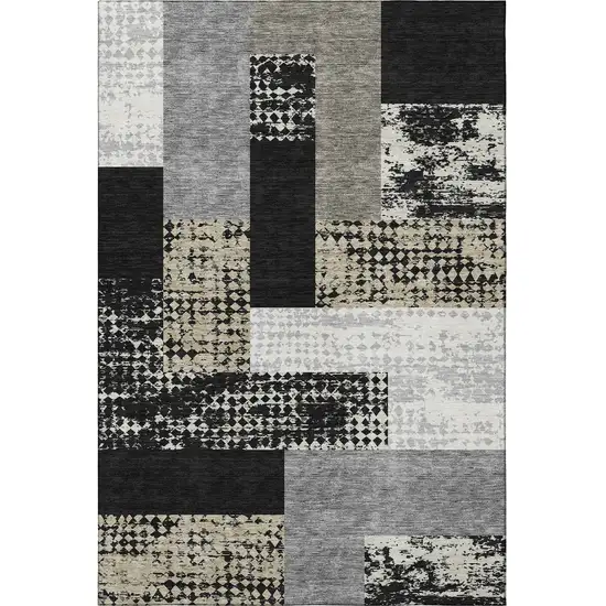 Black Ivory And Beige Geometric Washable Area Rug With UV Protection Photo 3