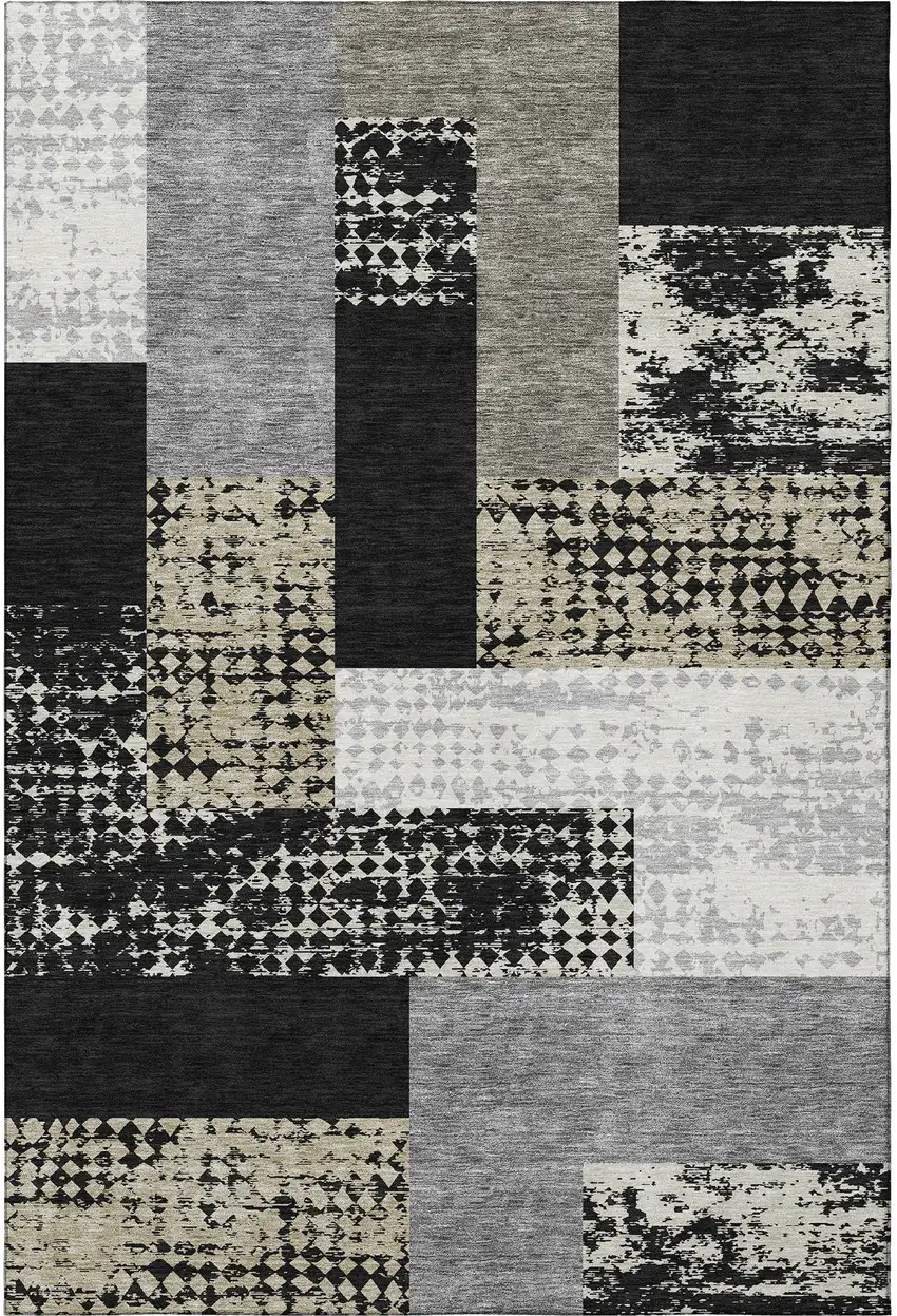 Black Ivory And Beige Geometric Washable Area Rug With UV Protection Photo 3