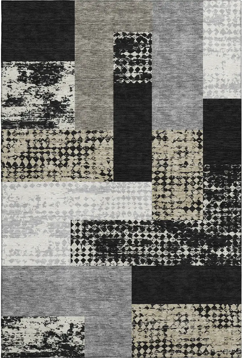 Black Ivory And Beige Geometric Washable Area Rug With UV Protection Photo 1