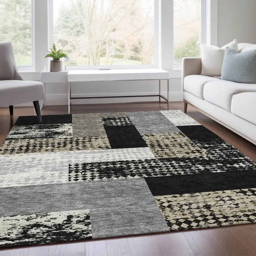 Black Ivory And Beige Geometric Washable Area Rug With UV Protection Photo 5