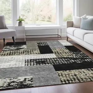 Photo of Black Ivory And Beige Geometric Washable Area Rug With UV Protection