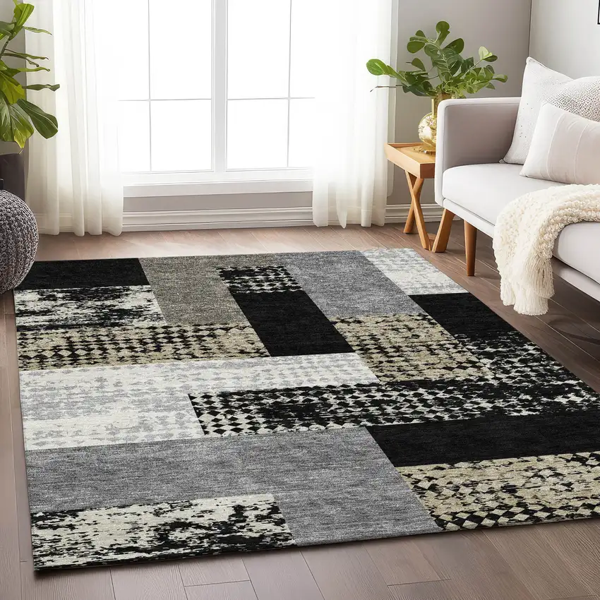 Black Ivory And Beige Geometric Washable Area Rug With UV Protection Photo 4