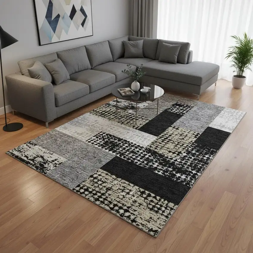 Black Ivory And Beige Geometric Washable Area Rug With UV Protection Photo 2