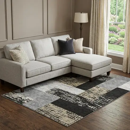 Black Ivory And Beige Geometric Washable Area Rug With UV Protection Photo 1