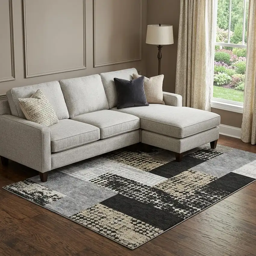 Black Ivory And Beige Geometric Washable Area Rug With UV Protection Photo 1
