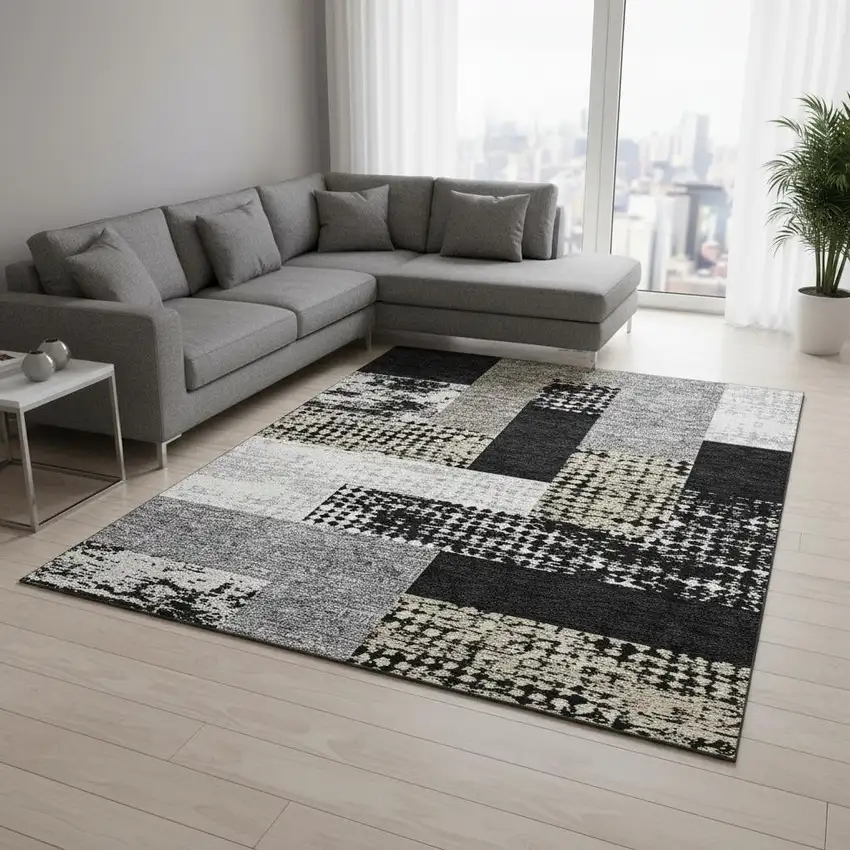 Black Ivory And Beige Geometric Washable Area Rug With UV Protection Photo 2