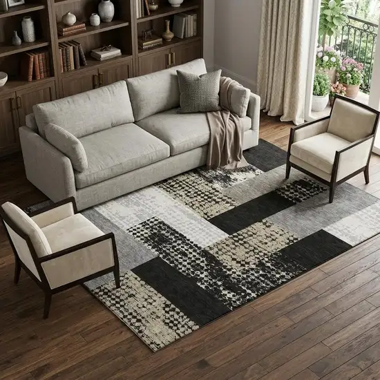 Black Ivory And Beige Geometric Washable Area Rug With UV Protection Photo 1