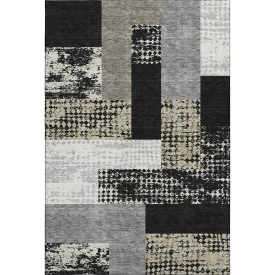 Black Ivory And Beige Geometric Washable Area Rug With UV Protection Photo 1