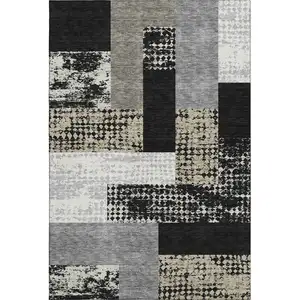 Photo of Black Ivory And Beige Geometric Washable Area Rug With UV Protection