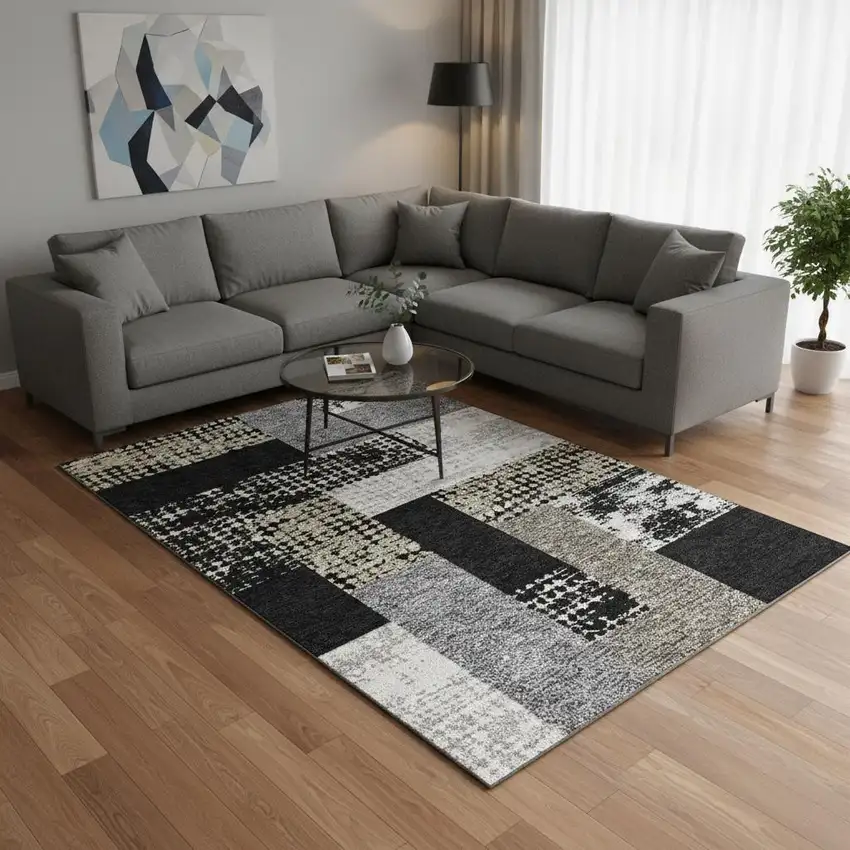 Black Ivory And Beige Geometric Washable Area Rug With UV Protection Photo 2