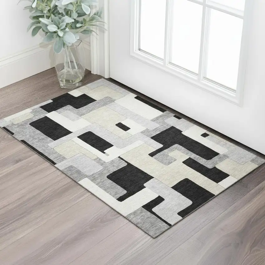 Black Ivory And Beige Geometric Washable Area Rug With UV Protection Photo 2