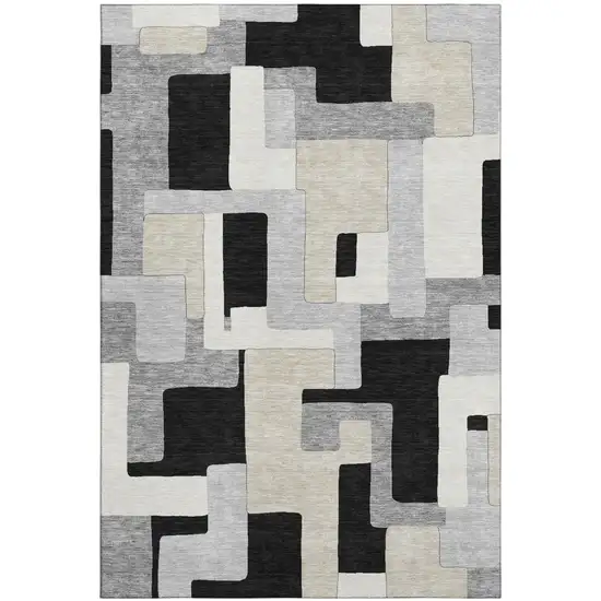 Black Ivory And Beige Geometric Washable Area Rug With UV Protection Photo 2