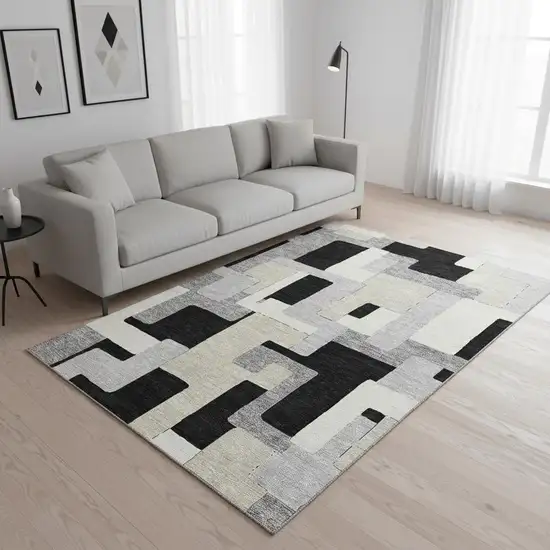 Black Ivory And Beige Geometric Washable Area Rug With UV Protection Photo 2